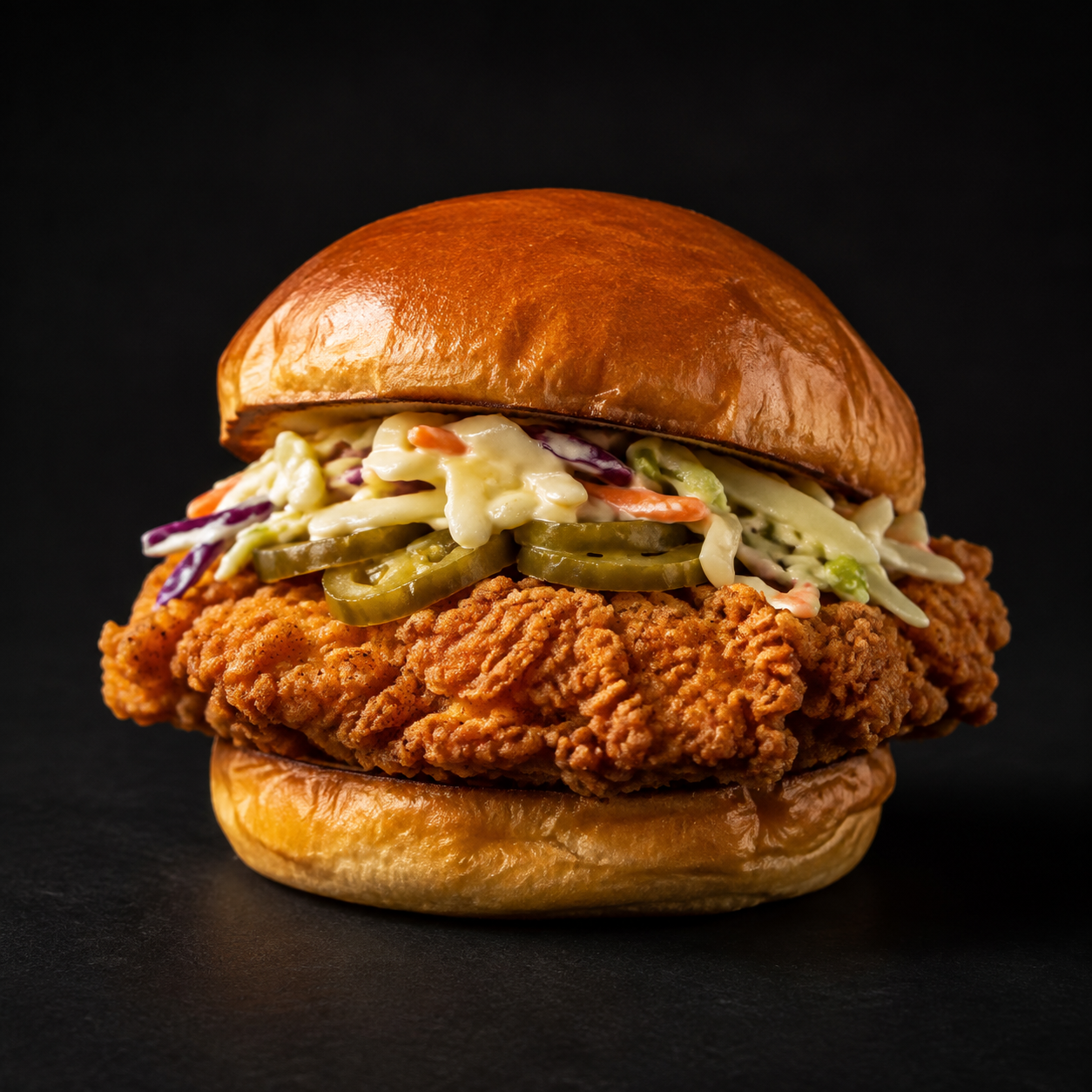 Crispy buttermilk-style chicken, crunchy slaw, pickles, and a generous swipe of tangy sauce on a golden brioche bun.