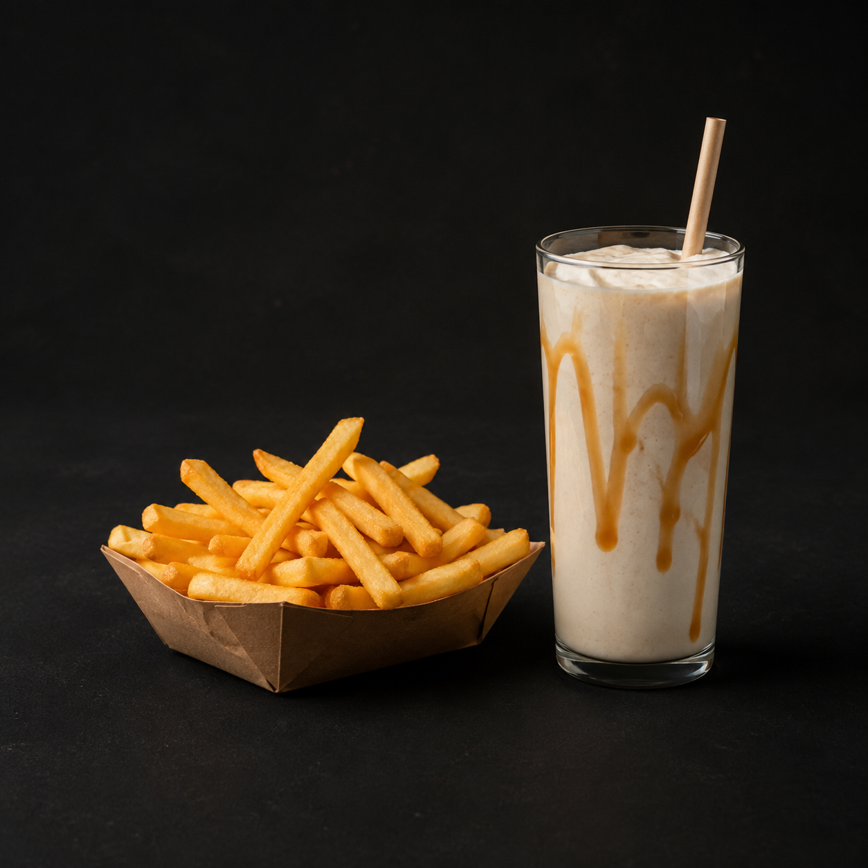 Golden, sea-salted fries and a thick vanilla shake with caramel drizzle. Some things are simply better together.