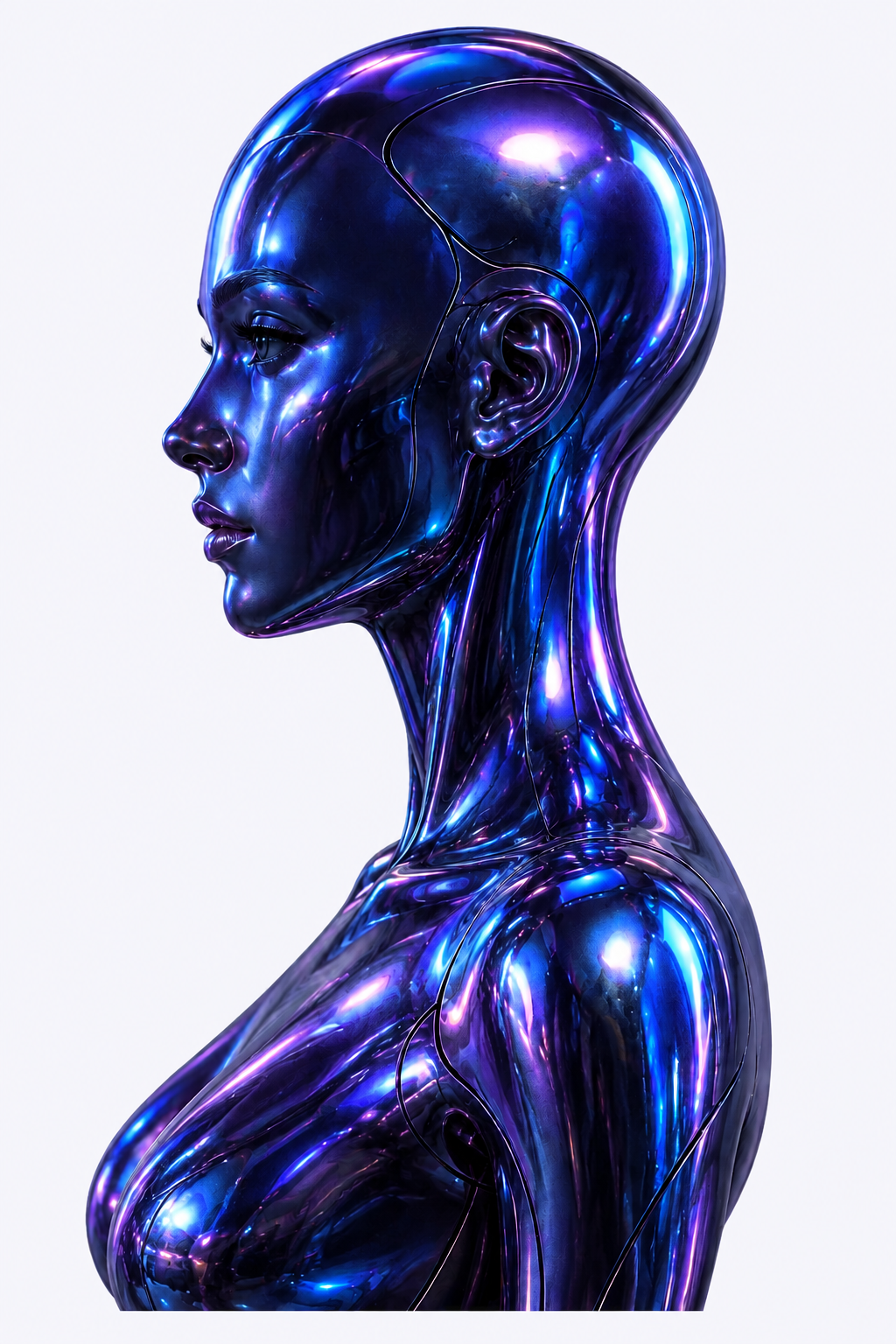 Side profile view of SOMA, an iridescent violet and blue humanoid AI concept