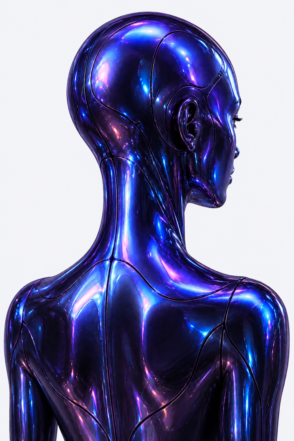 Rear view of SOMA, an iridescent violet and blue humanoid AI concept