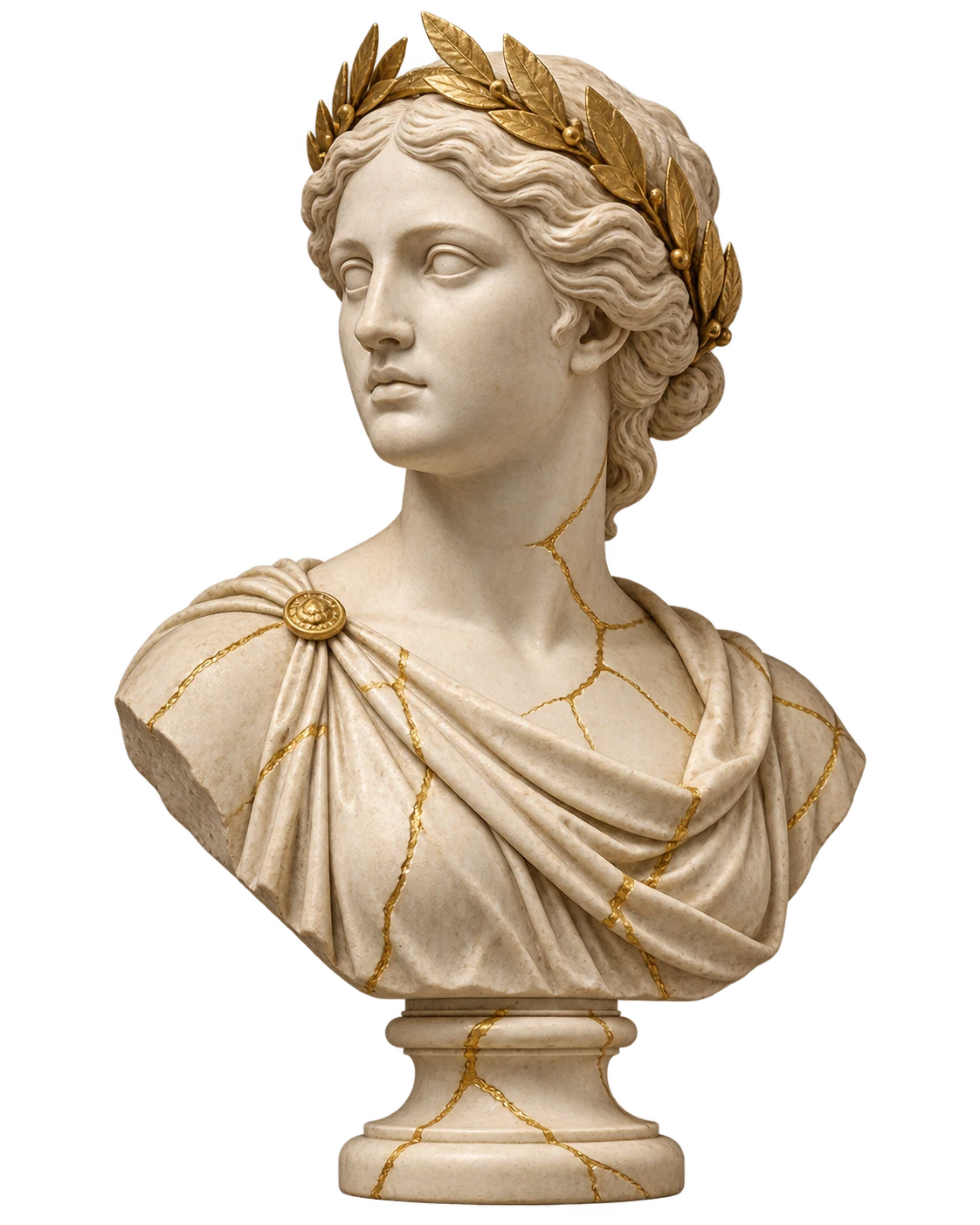 An ivory-marble classical bust with a gold laurel wreath