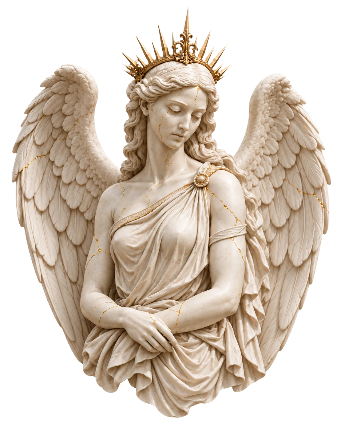 A crowned angel sculpted in warm ivory marble, with intricate feathered wings and fine antique-gold seams