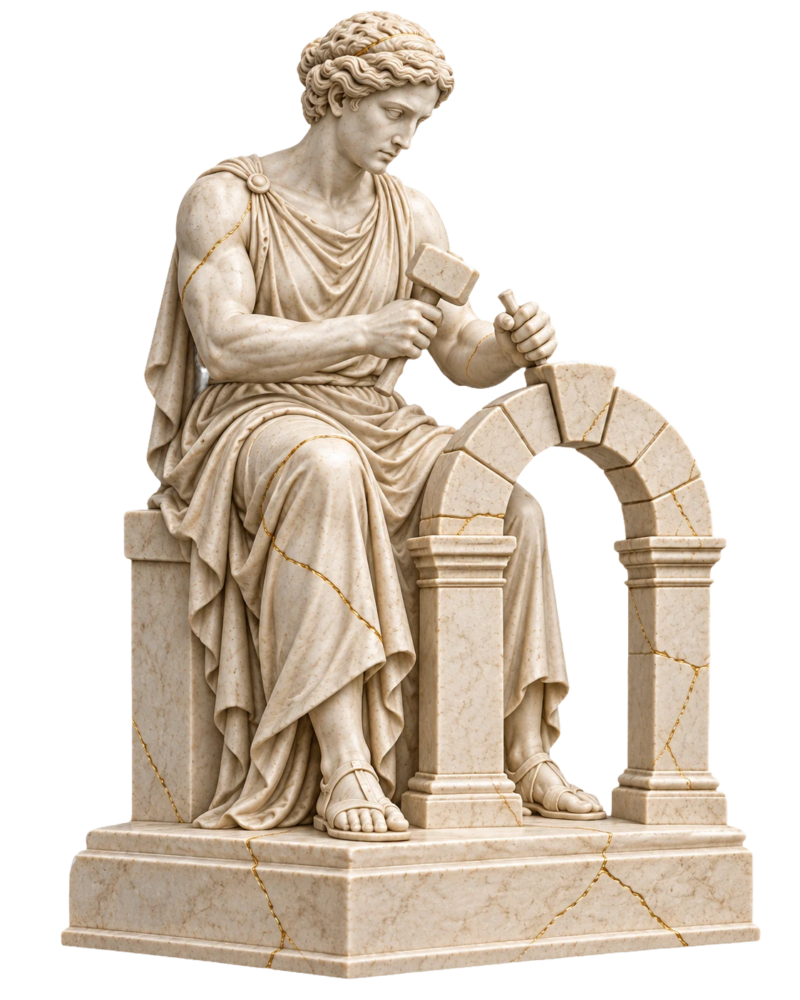 A classical marble artisan shaping an architectural arch, with fine gold seams