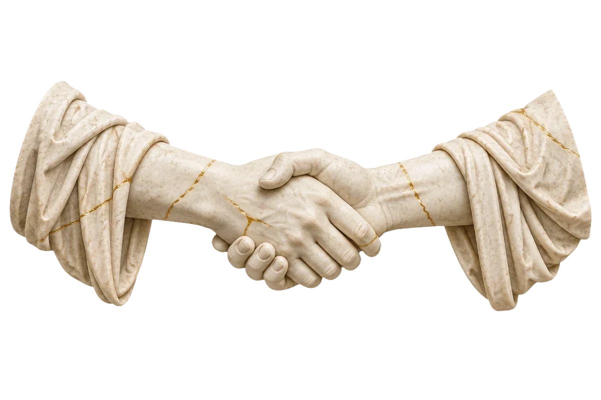 Two classical ivory marble hands with antique gold details meeting in a handshake.