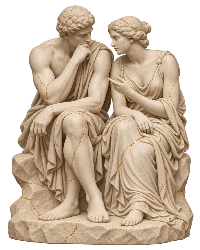 Two seated ivory-marble figures in conversation, representing a shared direction