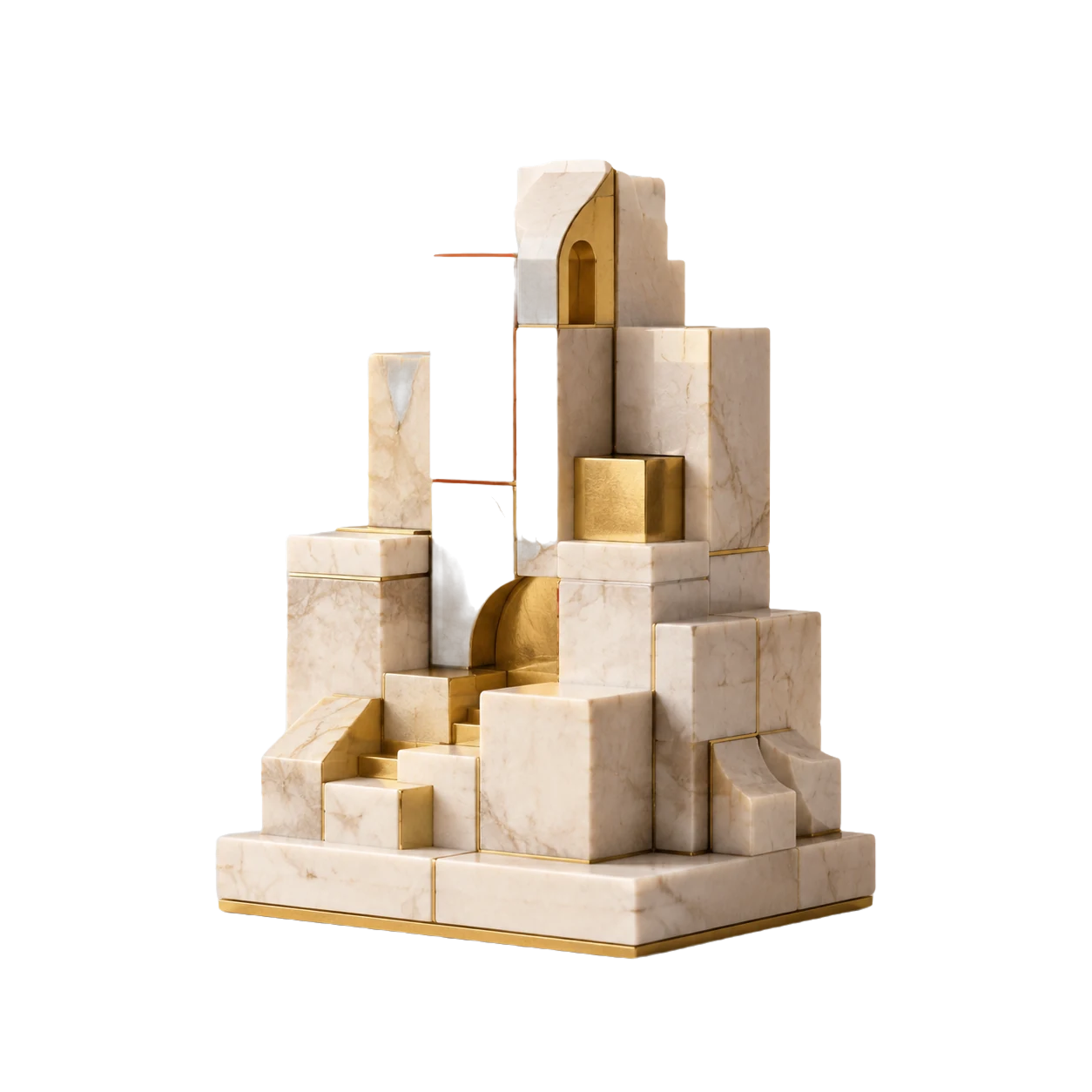 Interlocking ivory marble blocks with gold joints, symbolizing development and construction