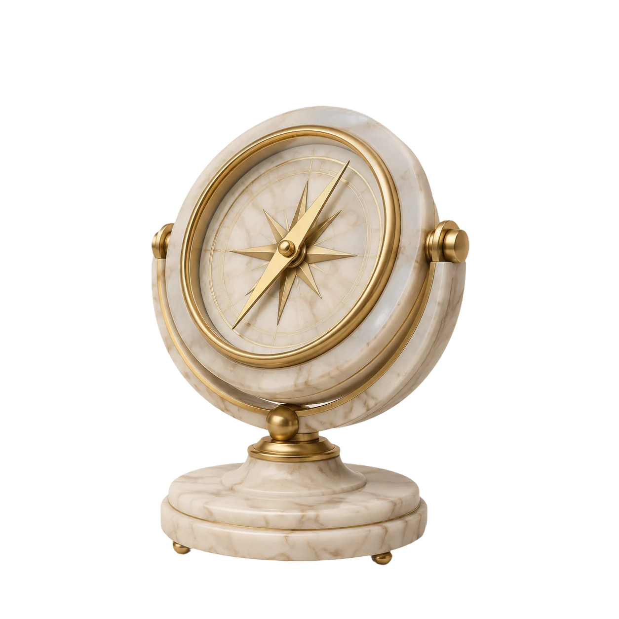 Ivory marble compass with an antique gold needle, symbolizing discovery and direction
