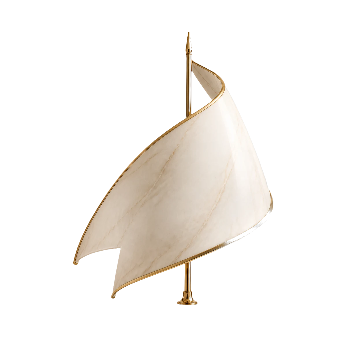 Unfurling ivory marble sail with a gold mast, symbolizing launch and forward movement